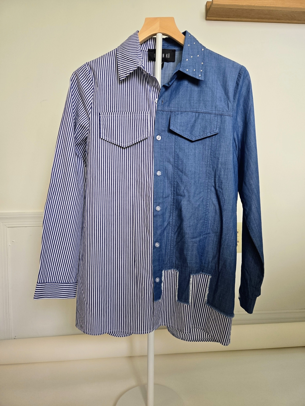 NWOT OZANI N KU Two-Tone Blue Striped & Chambray Button-Down Shirt Womens Size S - Picture 8 of 13